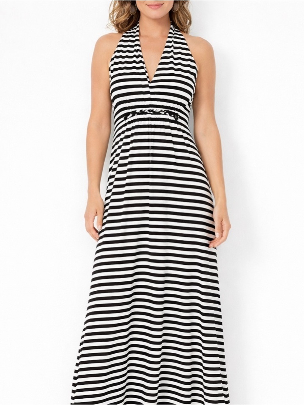 Chico’s Black White Striped Halter Maxi Dress Size 1 NWT Flowy Stretch